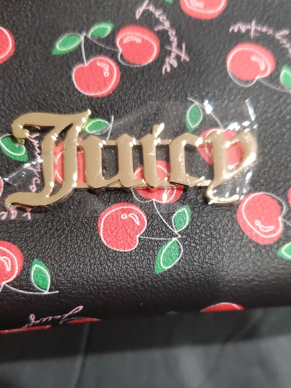 Juicy  Couture cherry girl black and red cherry print double zip wallet clutch
